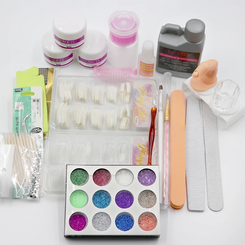 Kit de uñas acrílicas para principiantes con 12 colores de polvo acrílico brillante, que incluye blanco, transparente y rosa.