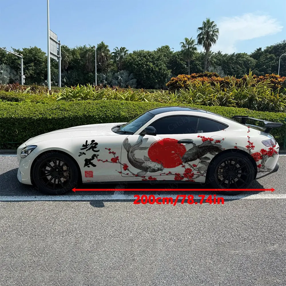 2pcs Ink Wash Koi Red Plum Red Sun Car Side Wraps, Self-Adhesive PVC Waterproof & Scratch-Resistant Stickers, Car Accessory Gift
