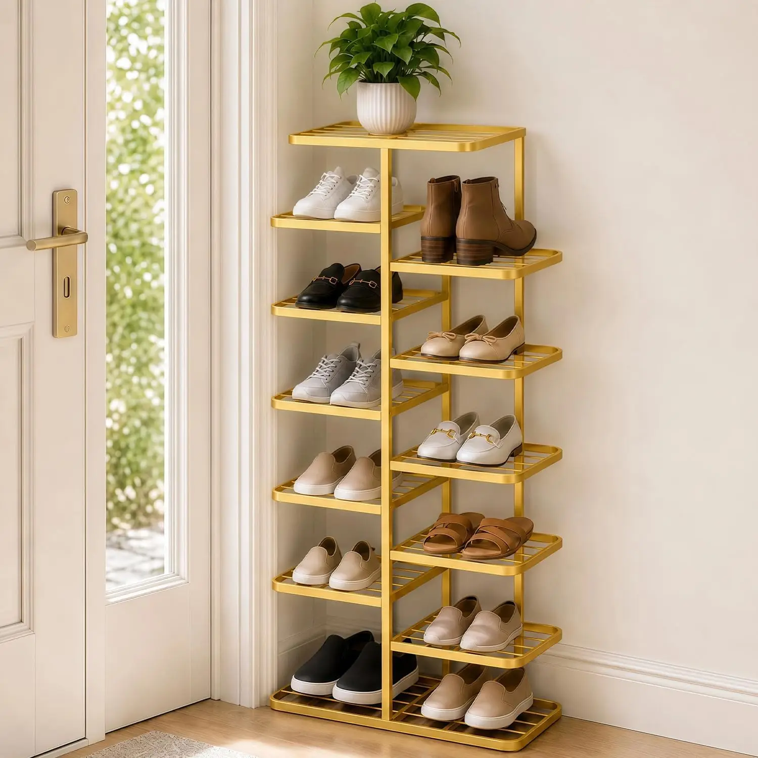 Gold Small Space Entryway Closet Seven Layer Metal Shoe Storage Stand