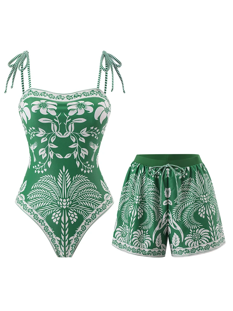 Women Tropical Print One Piece Swimsuit with Shorts Tie Strap Square Neck High Waisted Beachwear Bathing Suit