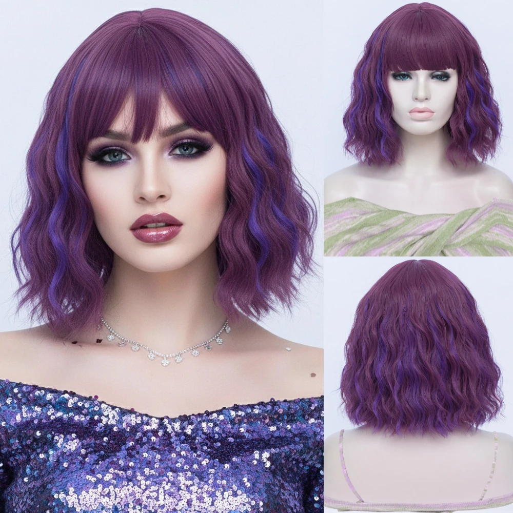 

Synthetic Short Wavy Daily Wear Purple Wig Heat Resistant for Women’s Cosplay Halloween Party