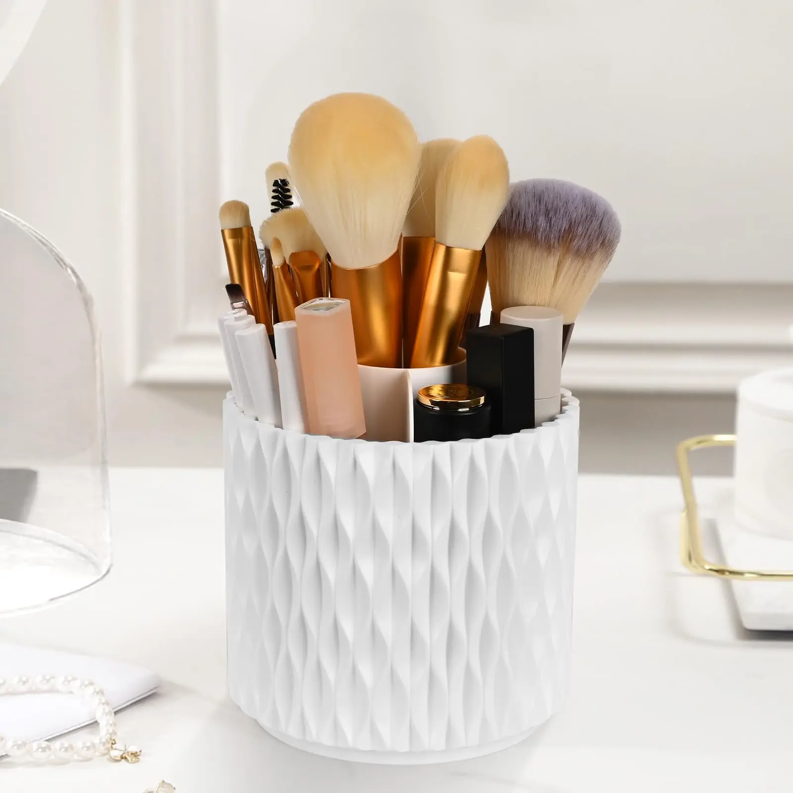 Make Up Brush Organizer with Lid 360 Rotating Makeup Brush Holder Storage Box for Vanity  Bathroom 5 Slot Brushes Cup