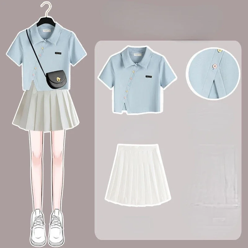 Fashion 2024 Summer New Suit Women's T-Shirt + Women's Pleated Skirt Women's Two Piece Set