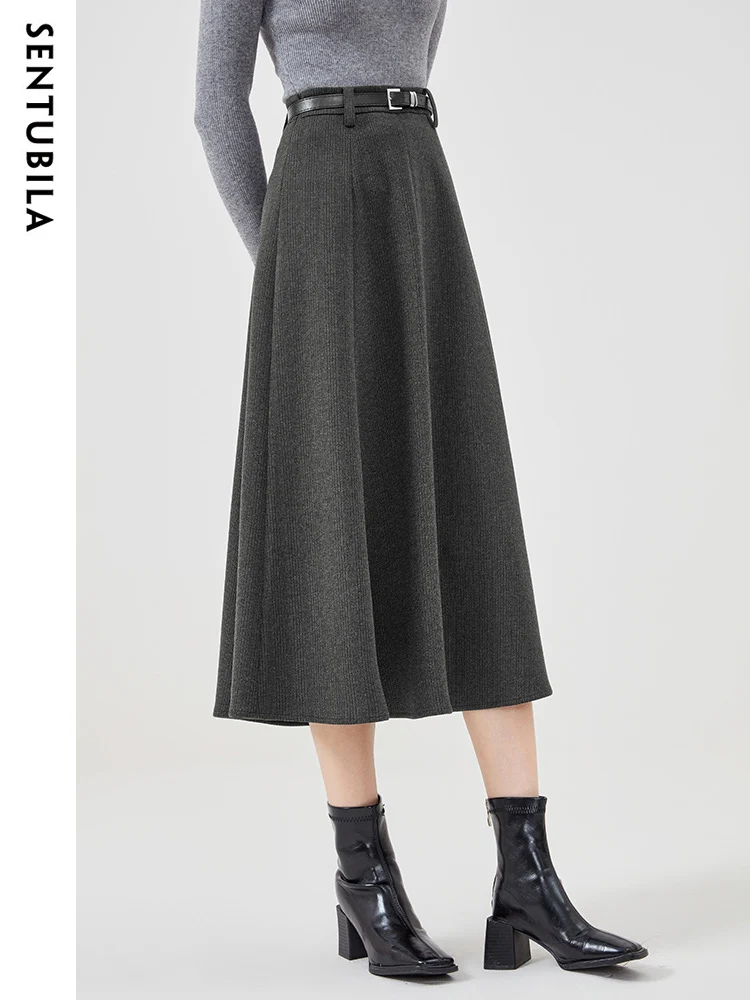 SENTUBILA Winter Office Ladies Woolen Midi Skirts for Women 2024 Autumn New Business Loose Knitted A-Line Skirt Female 134Q52479