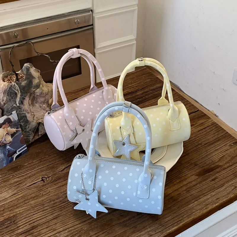 

Fashion Women Handbag 2026 New Cute Polka Dot Crossbody Bag High Quality Stylish Ladies Cylinder Boston Bag with Star Pendant