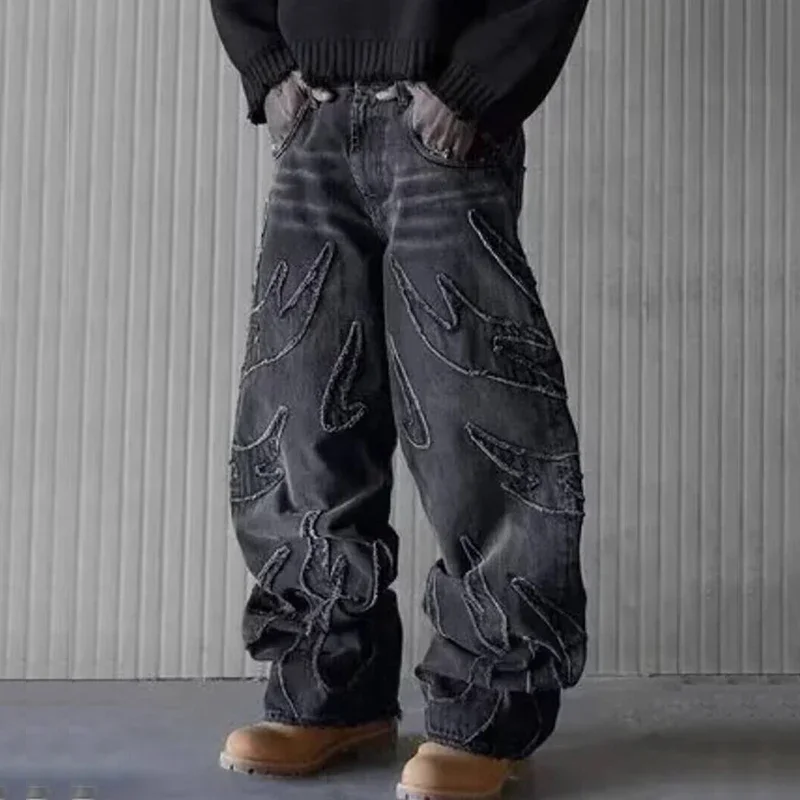 Men Baggy Aesthetic Streetwear Jeans Male Retro Fashion Wide Leg Denim Pants Graphic Embroidered Designer Hip Pop Denim Trousers