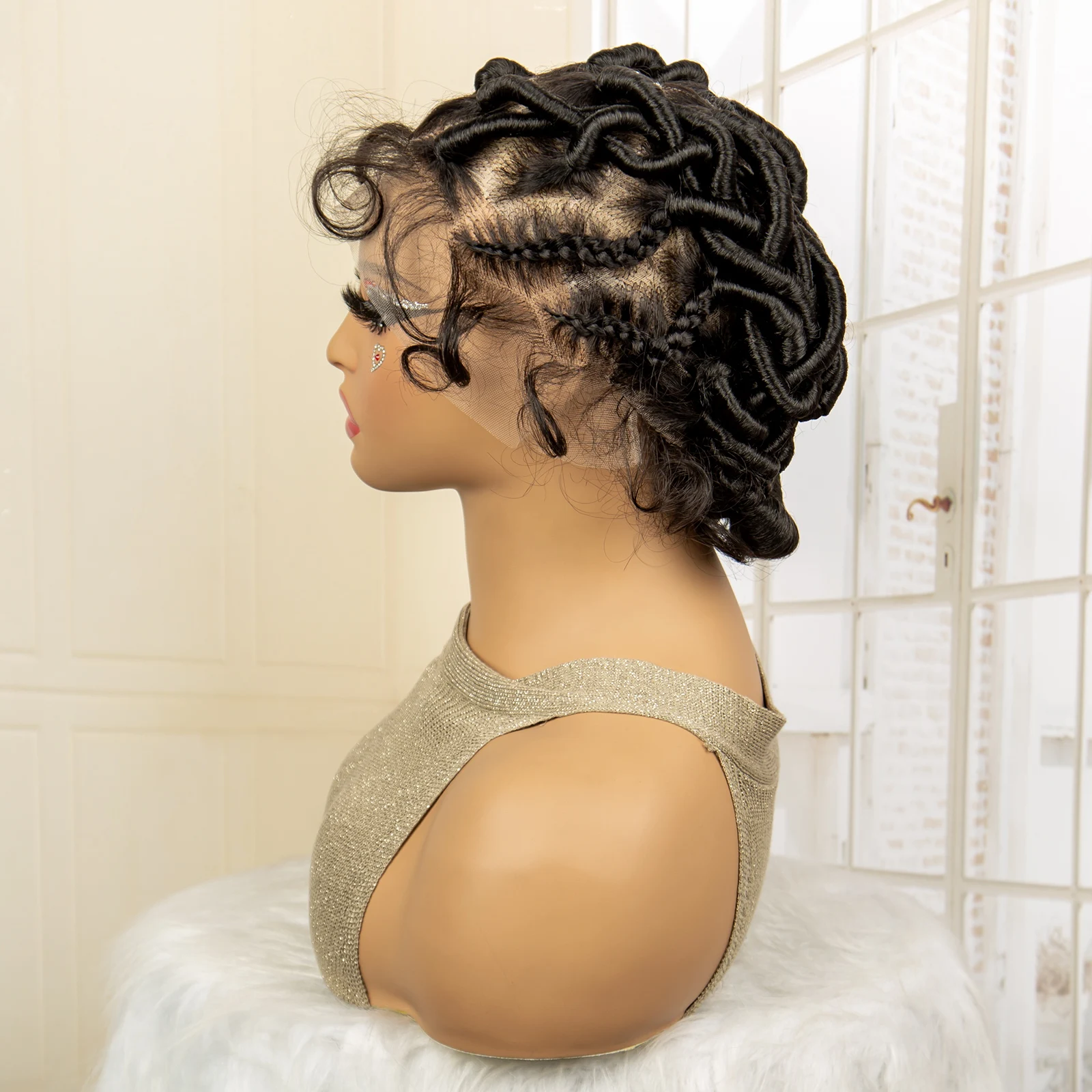 Lightweight Braided Wigs for Black Women Synthetic Full Lace Afro Bantu Knotless Braiding Wig Handmade Lace Frontal Wig