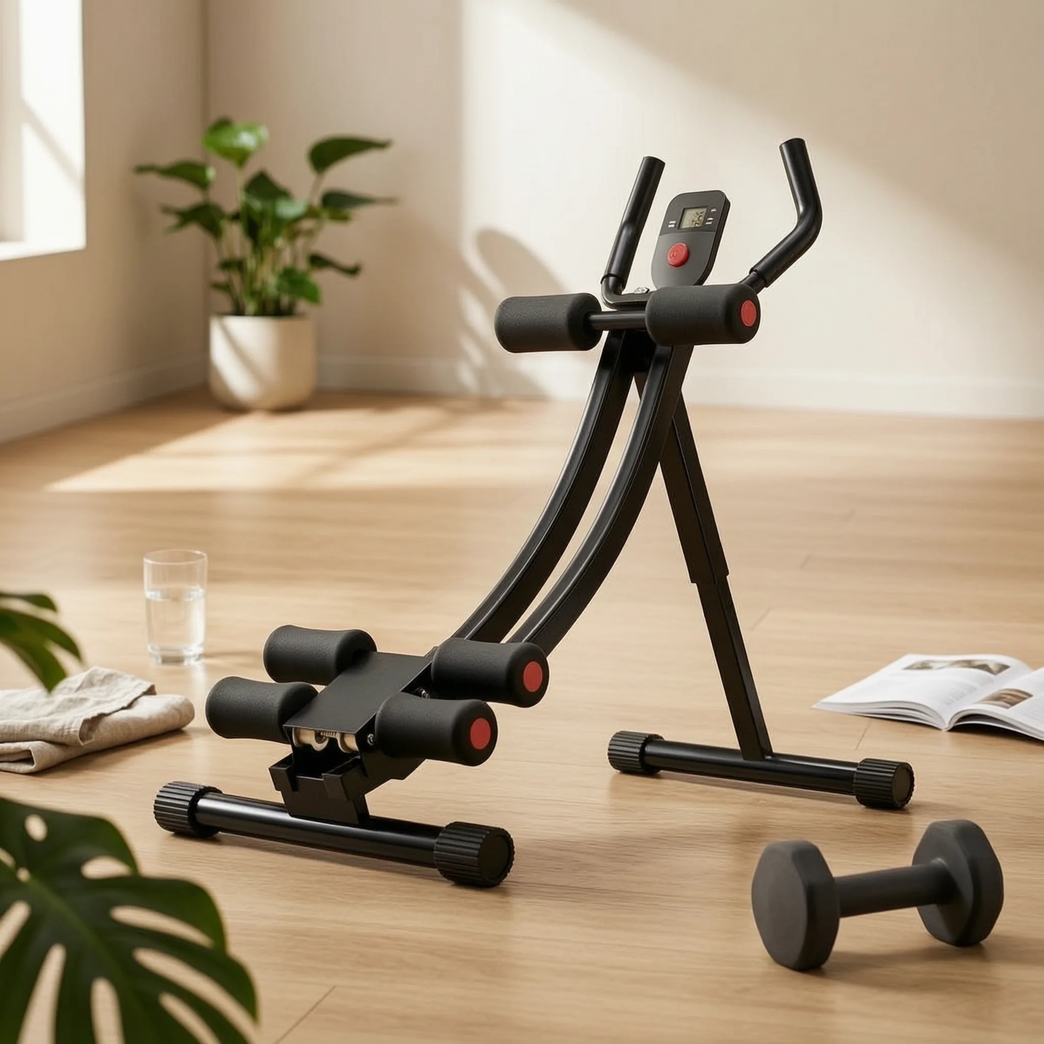 Machine à crunches avec cadre incurvé, pliable, appareil de fitness compact pour la maison, écran LCD pour l'intérieur