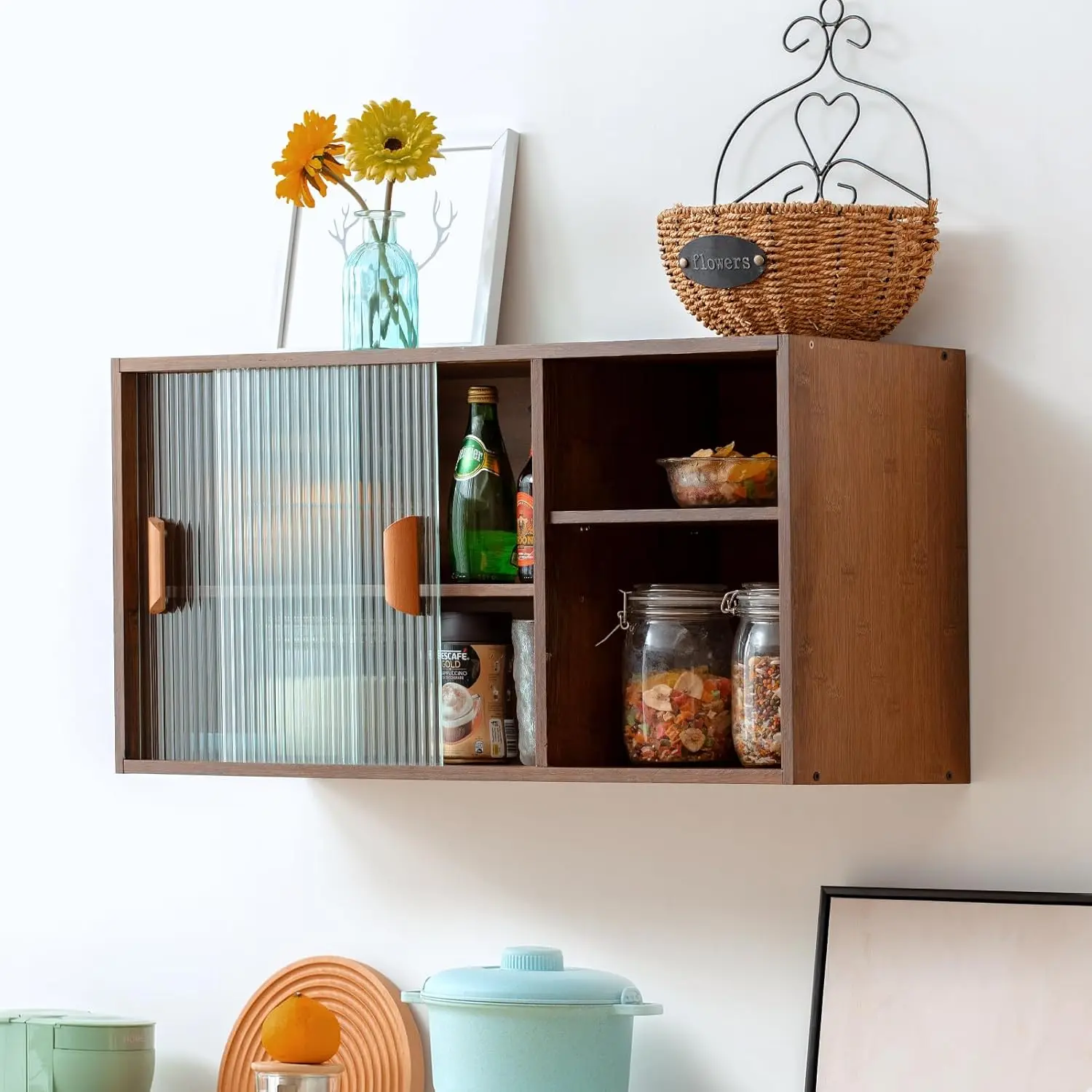 

Bamboo Wall Mounted Kitchen Sideboard with 2 Sliding Glass Door, Freestanding Wall Storage Cabinet with Side Shelf for Bottle