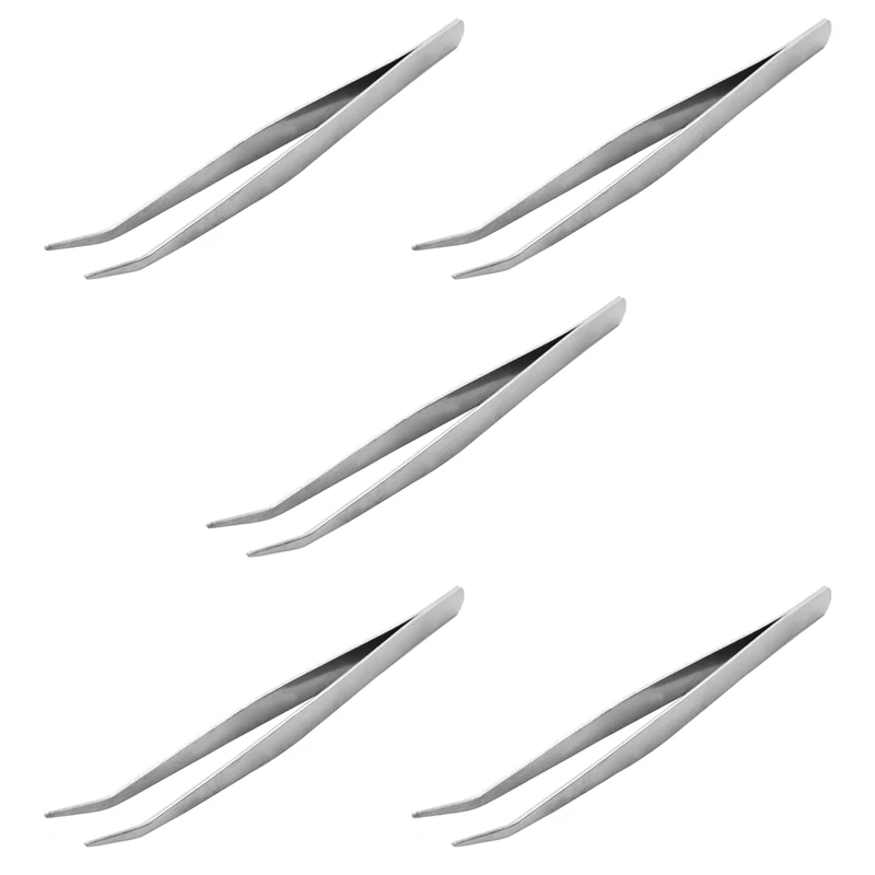 5 Pcs 5.9 Inch Long Silver Tone Bent Curved Tip Tweezers Forceps Plier Hand Tool