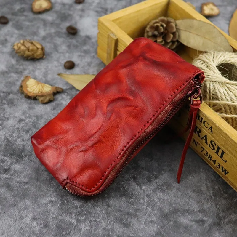 Vintage Zero Wallet Genuine Leather Plant Tanned Leather Handmade Coloring Style Light and Thin Texture Mini Zero Wallet