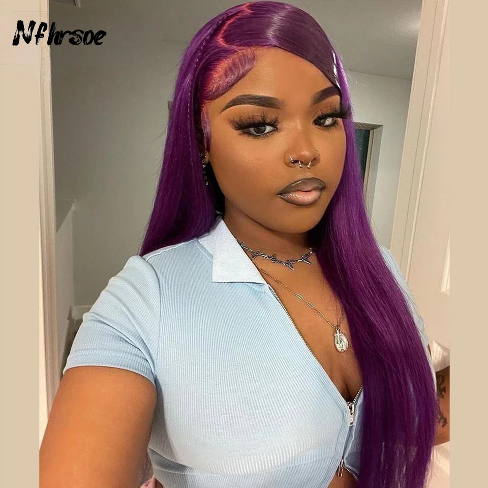 

Transparent 13x4 HD Lace Frontal Wigs Cosplay Dark Purple Long Straight Brazilian Colored Human Hair Wig Pre Plucked For Women