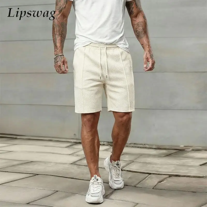 

Vintage Textured Knit Bottoms Mens 2026 Summer Sports Fitness Casual Loose Straight Shorts Men Trendy Lace-up Shorts Streetwear