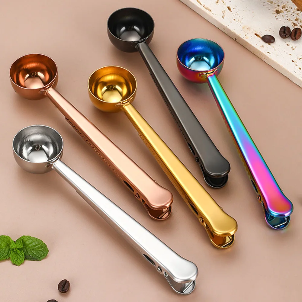 2 in 1 Creative Coffee Spoon 5ml Stainless Steel Multifunctional Coffee Scoop with Sealing Clip Kitchen Measuring Coffee Scoop