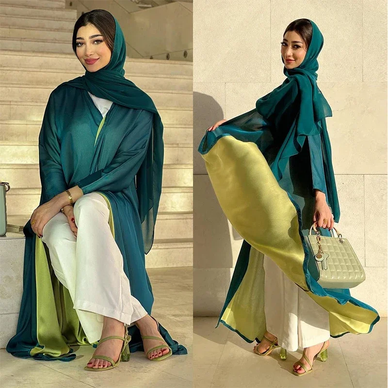 

Islamic Fashion Match Color Chiffon Abaya Muslim Women Arab Casual Open Long Dress Luxury Cardigan Worship Clothing Lady Kimono