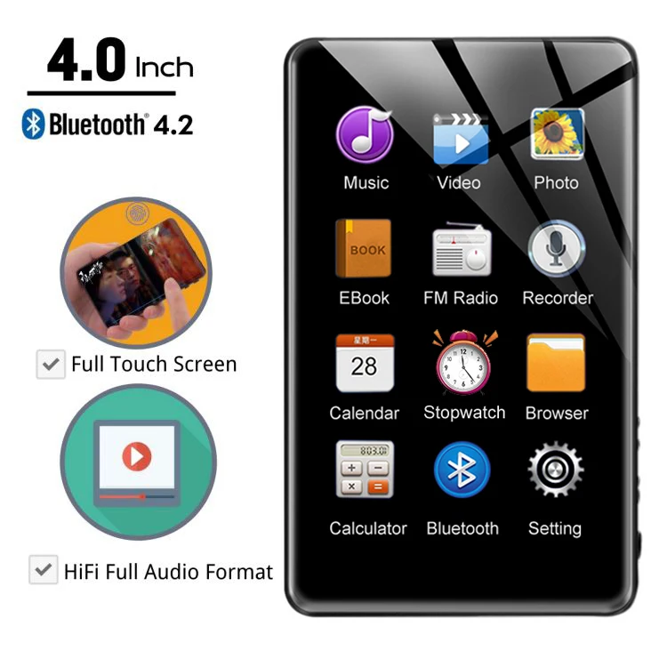 MP4 Player 4'' Full Metal Touch Screen MP3 MP4 Music Player Bluetooth 5.0 FM Radio With Video Playback APE FLAC WAV AAC-LC ACELP