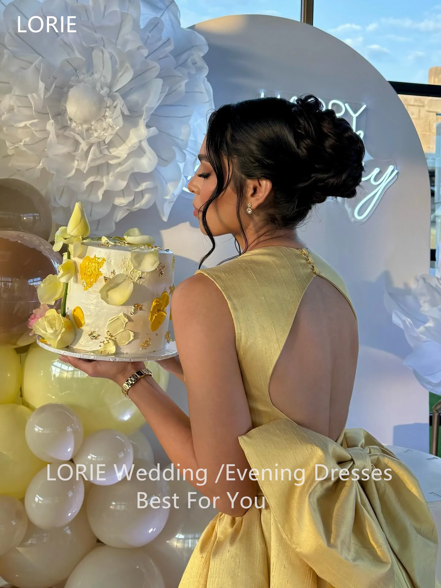 SoDigne Cute Bow Tie Yellow Satin Evening Dresses Square Collar  Backless Party Dress A-Line Home Coming  Prom Gowns