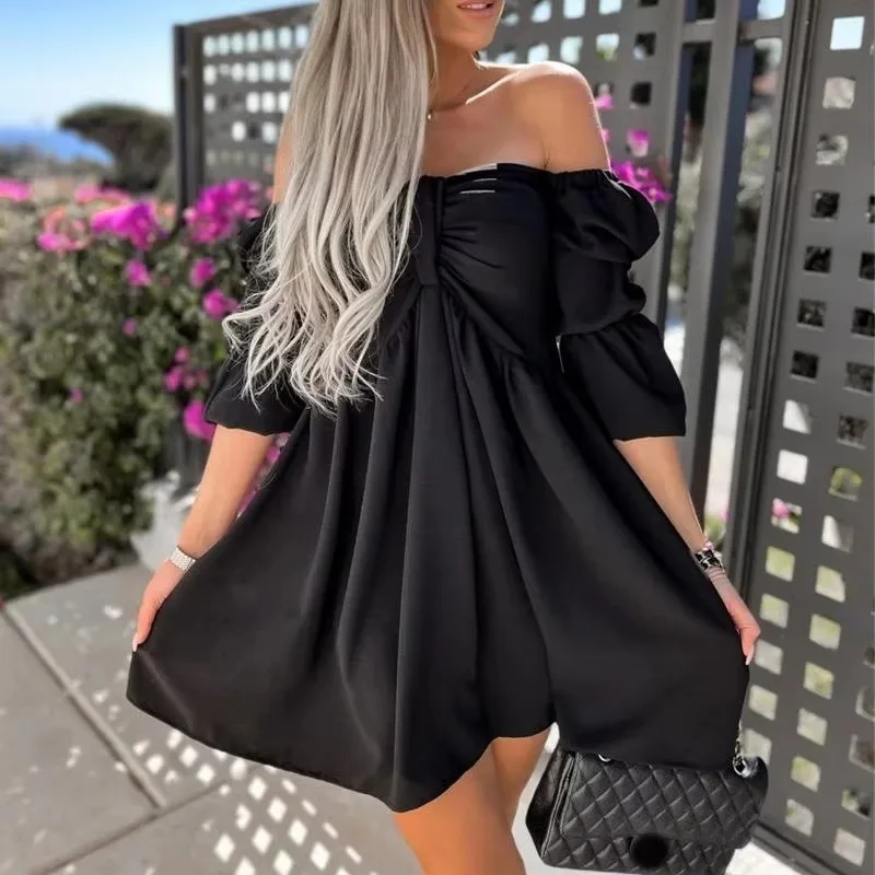 Summer Dresses Fashion Sexy Off Shoulder Strapless  High Waist Puff Sleeve Mini Dress Women Loose Casual Solid Color Dress