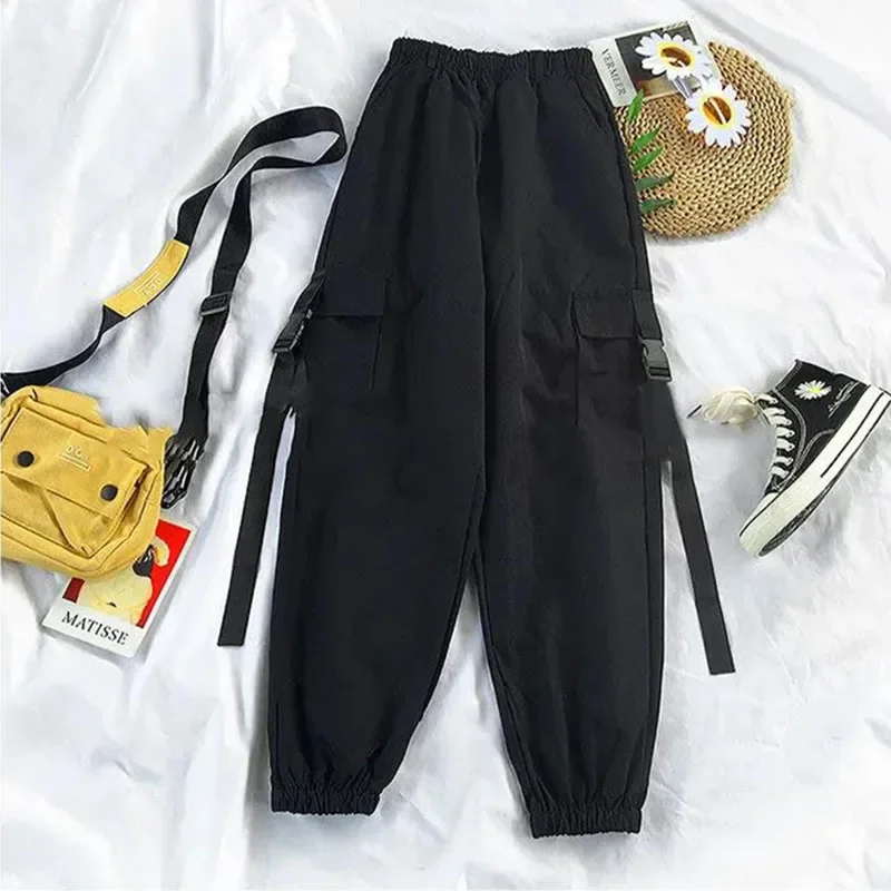 Spring Streetwear Pants High-Waist Straight Ribbon Cargo Pants Student Loose Short-Sleeved Shirt with Tie two-piece Set