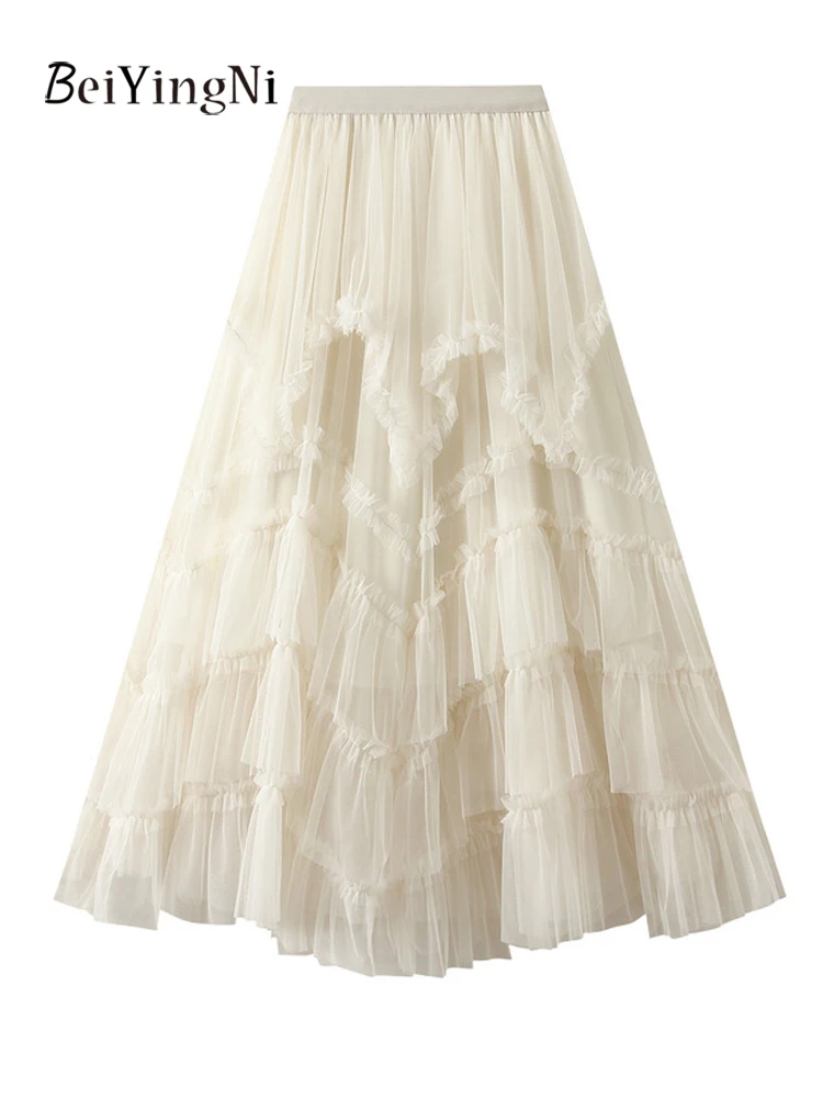 

Beiyingni 2025 Summer Women Mesh Maxi Skirts Irregular High Waist Tutu Elegant Ball Gown Dance Skirt Female Plain Leisure Jupes