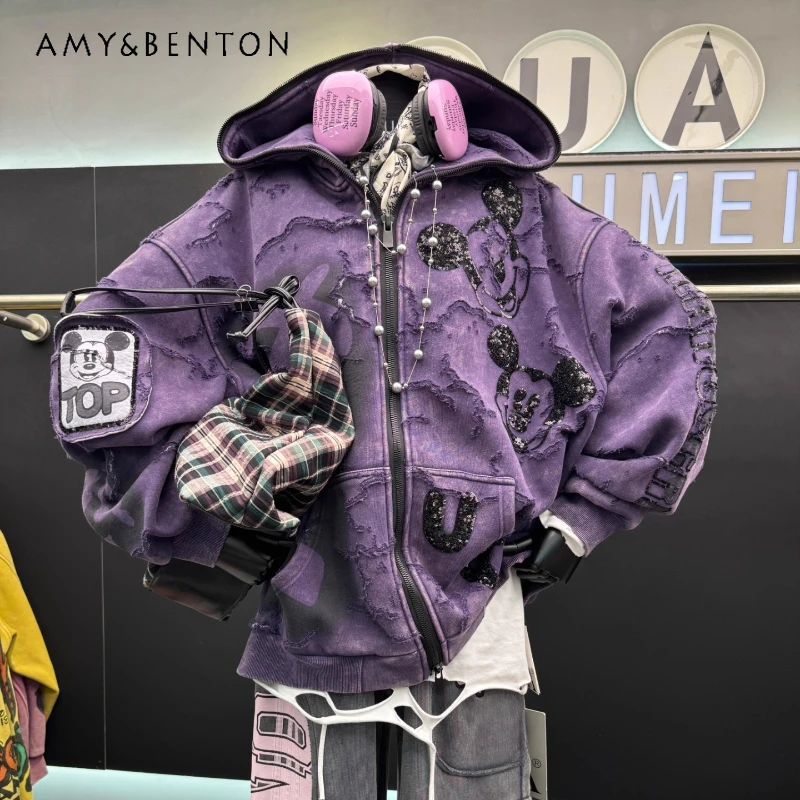 เสื้อแจ็คเก็ตมีฮู้ดลายการ์ตูนประดับลูกปัดสไตล์อินดัสเทรียลหนัก รุ่นใหม่ประจำฤดูหนาวปี 2025 สำหรับผู้หญิง ทรงหลวม แฟชั่น ผ้าฟลีซ แขนยาว ซิป