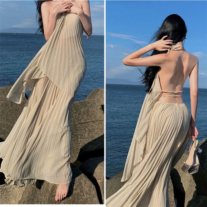 2 Pieces Halter Backless Irregular Camis Top&pleated Loose Skirt Seaside Beach Photo Dress Women Summer Holiday Long Dress Sets