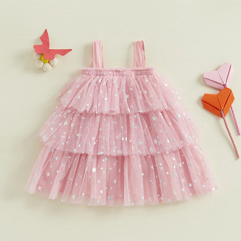 EWODOS Girl Casual Princess Pink Dresses Baby Girl Clothes Tulle Dress Sleeveless Square Neck Bow Front Heart Dress A-Line Dress