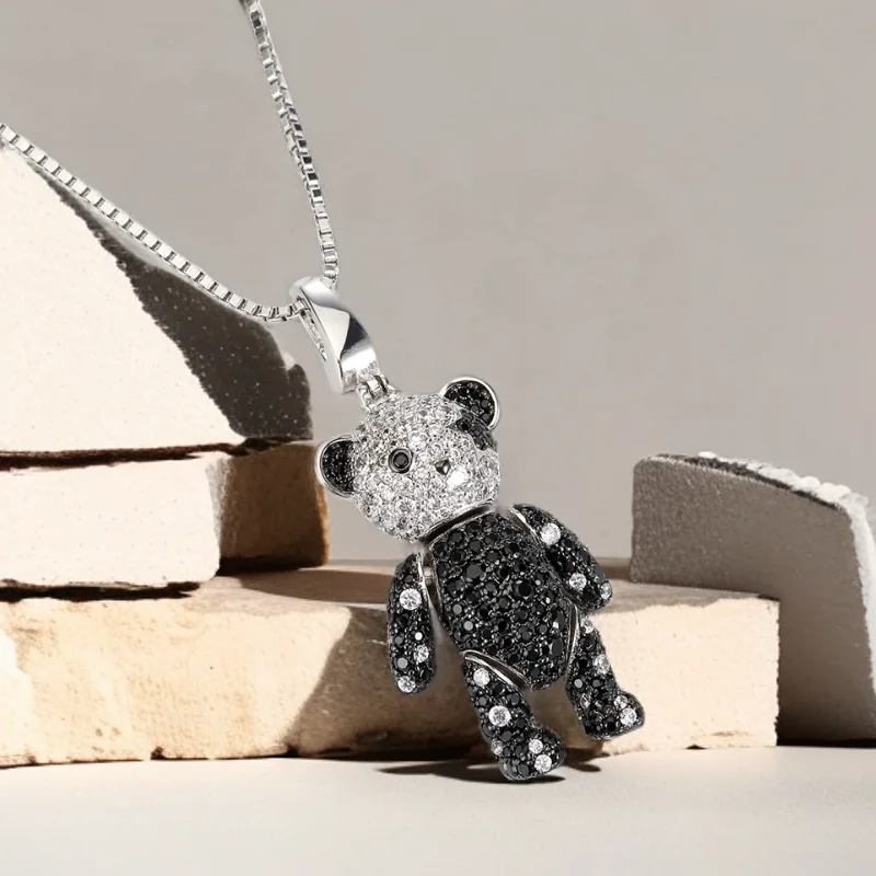 VANAXIN Cute Bear Pendant Necklace for Women Men Joint is Movable 3D Stereoscopic Cubic Zirconia Hip Hop Animal Sweater Chain