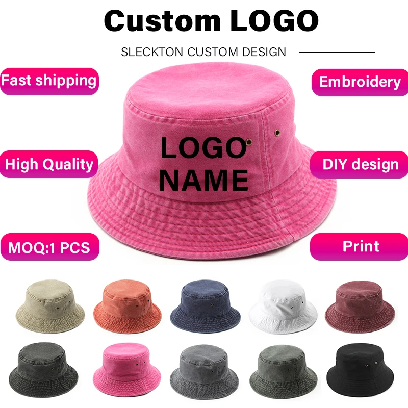 SLECKTON Custom Logo Bucket Hat for Men and Women Brand Design Embroidery Print DIY Summer Fisherman Hats Washed Cotton Unisex