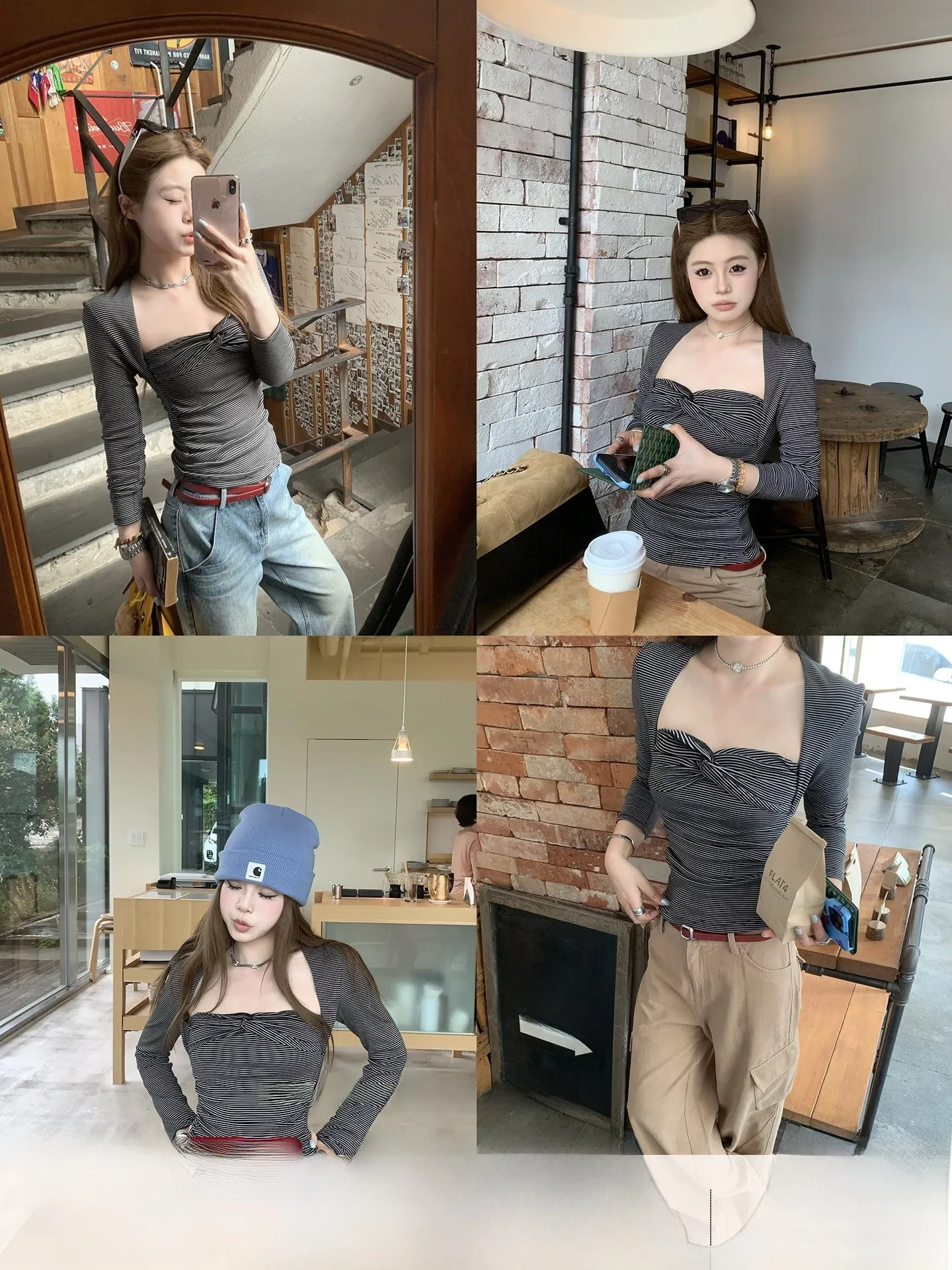 

Женская футболка Slim Fit с длинным рукавом, дизайнерская, в полоску, с узлом, винтажная, в прибрежном стиле, повседневная, с круглым вырезом