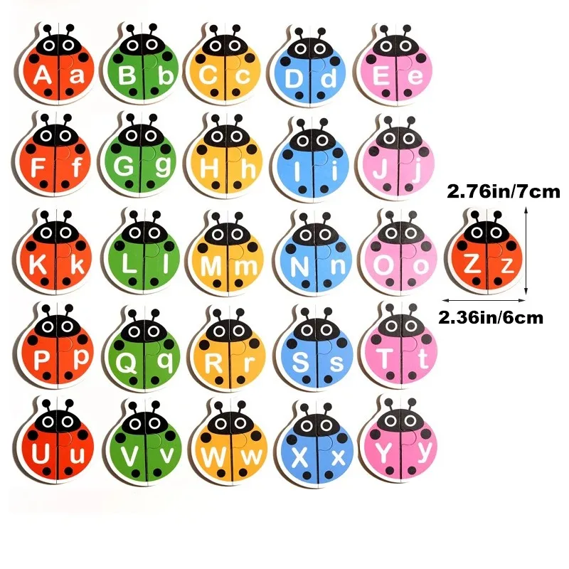 ;Wooden Ladybug Alphabet Matching Puzzle, Double Sided Cards, Words And Letters Learning Toy for Kids, Interactive Tabletop Game