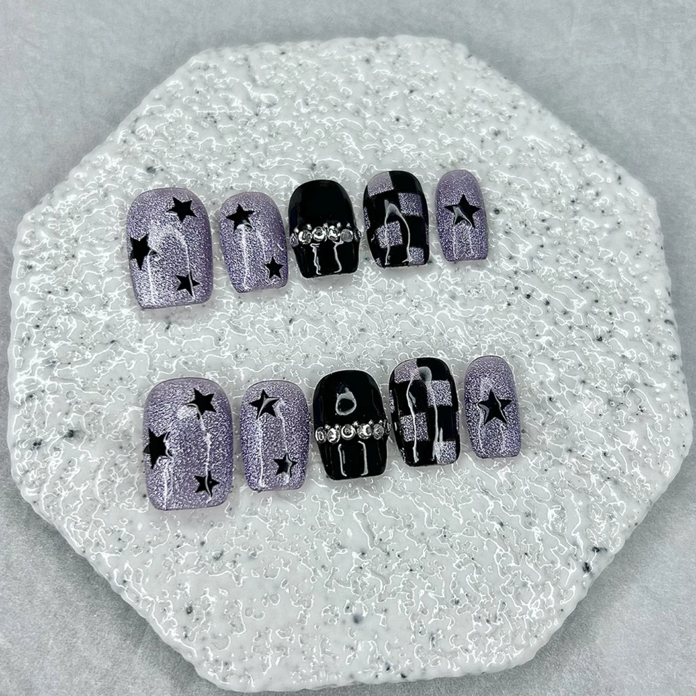 10 Pieces Advanced Spice Girls Y2K Handmade Press On Nails Glitter Purple Cat Eye Nail Art Stars Checkerboard Short Fake Nails