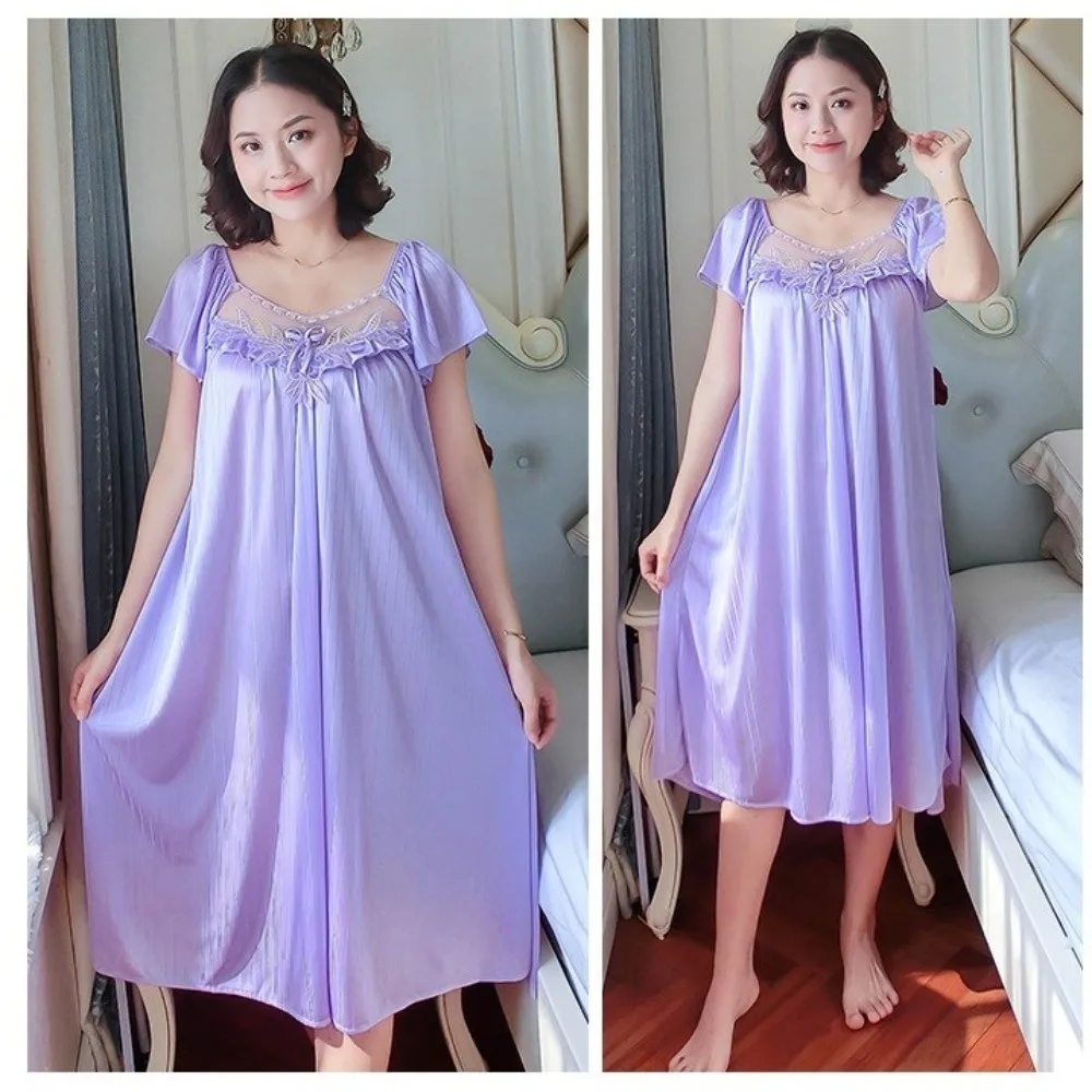 New Medium Length Nightgowns Short Sleeve Ice Silk Sleeping Dress Plus Size V-neck Lace Nightdress