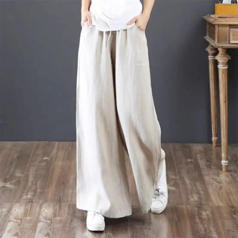Summer 2025 Women's Wide Leg Pants Loose High Waist Slimming Casual Simple Belted Long Trousers Drapey Style Comfortable Poly...