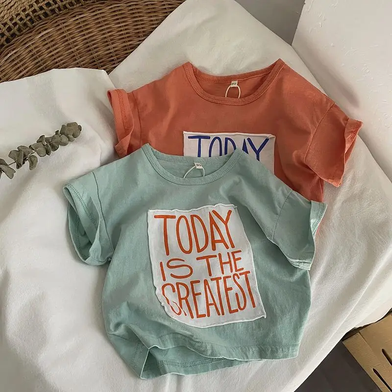 2026 Summer New Children Baby Patch Printed Letter Colored Short Sleeved T-shirt for Boys and Girls