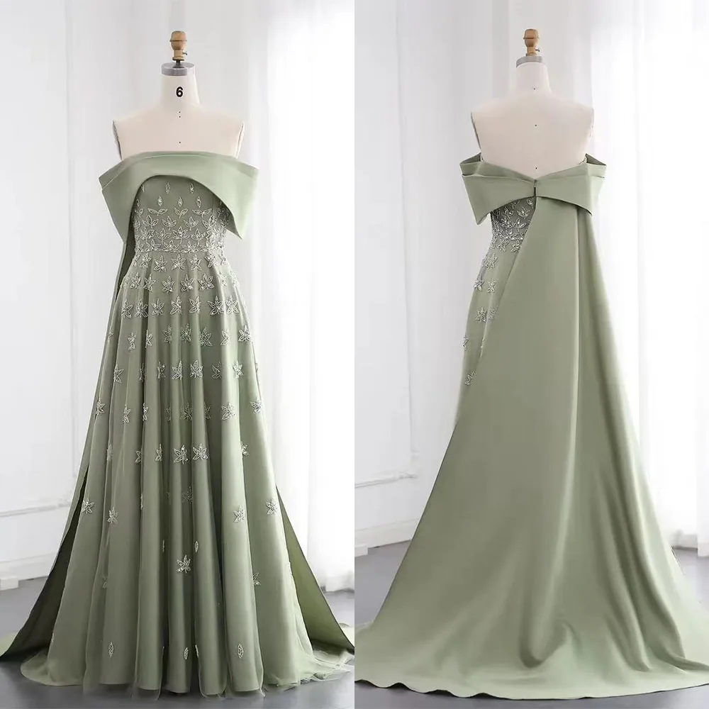 

High Quality Customized Floor Length Strapless Off Shoulder Sweep Train Beaded Vestidos Para Bodas Mujer Invitada Evening Gowns