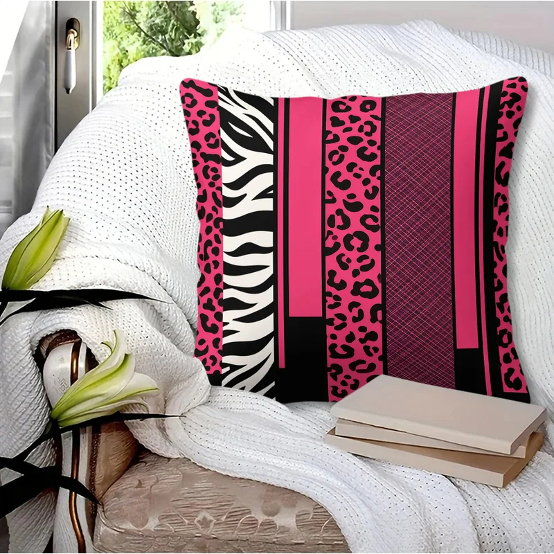 Y2K Hot Pink Square Throw Pillow(With Pillow Insert),Stripe Patchwork Leopard Print,Classic Cushion Sofa Bedroom &Living Room