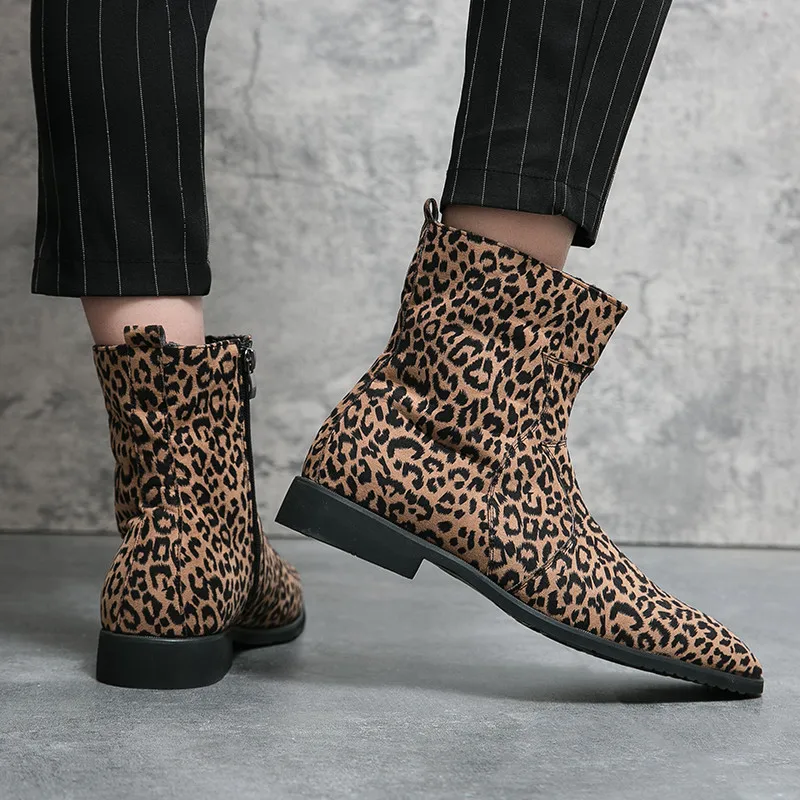 Winter Warm Leopard Chelsea Boots for Men Pointed Zipper Men\'s Fashion Boots Comfortable Leather Ankle Boots Man Plus Size 48