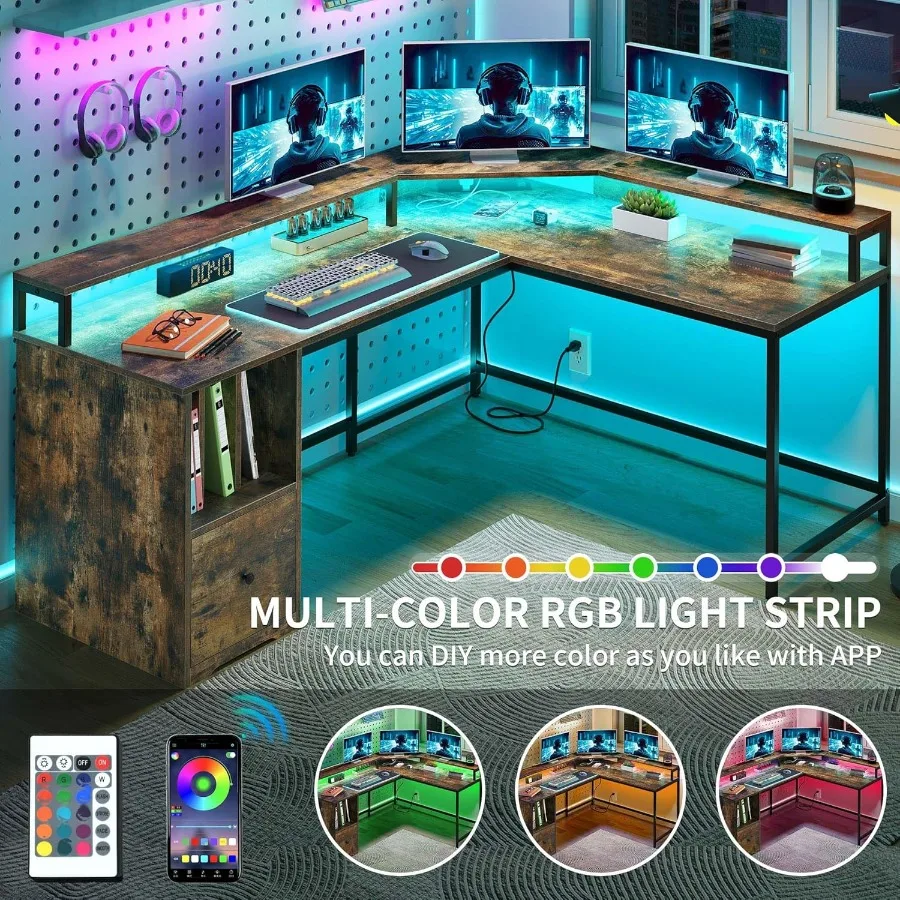 مكتب على شكل حرف L مع منافذ طاقة مدمجة وإضاءة LED محيطة لإعداد المكاتب المنزلية ومحطة عمل كمبيوتر زاوية 67 بوصة F