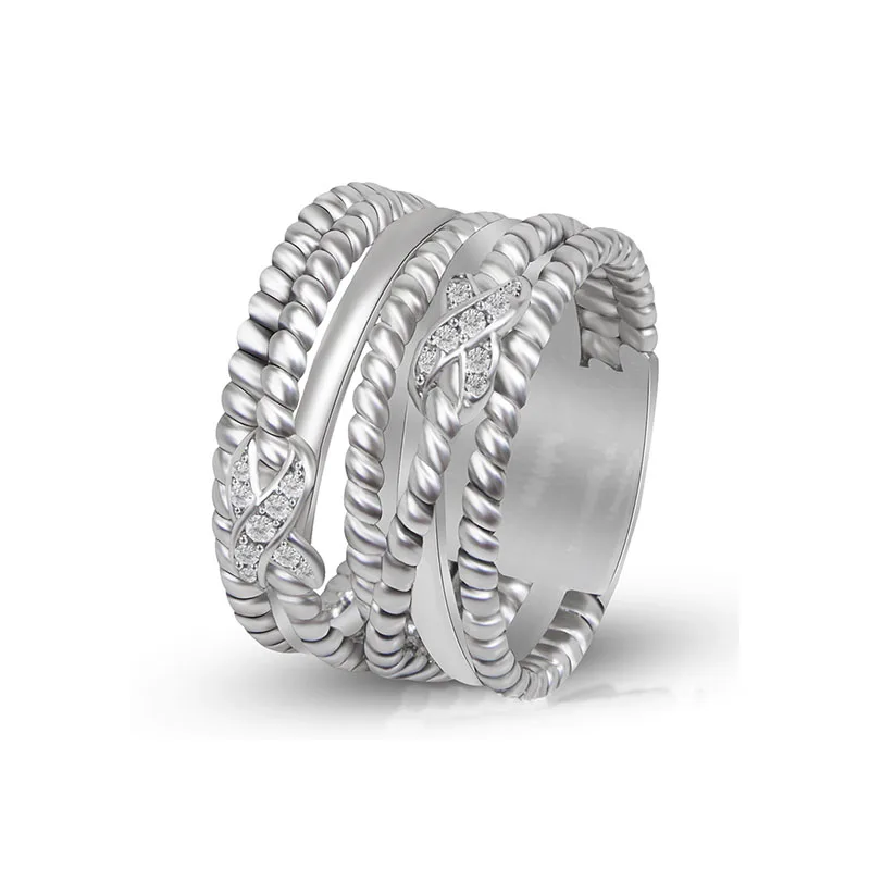 DY 925 Silver Double X Set Zircon Imitation Diamond Classic Button Thread Retro Cross X Ring