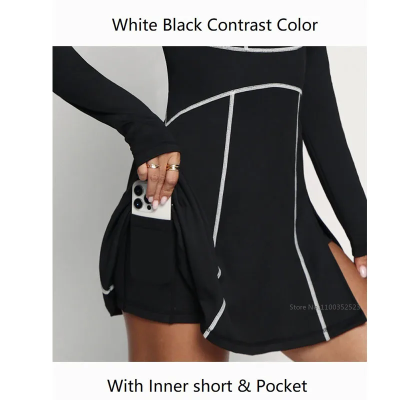 Ladies Long Sleeve Slim Tennis Dresses with Short Contrast Color Golf Workout Dress Women Zipper Collar Fitness Running Skirts view 5