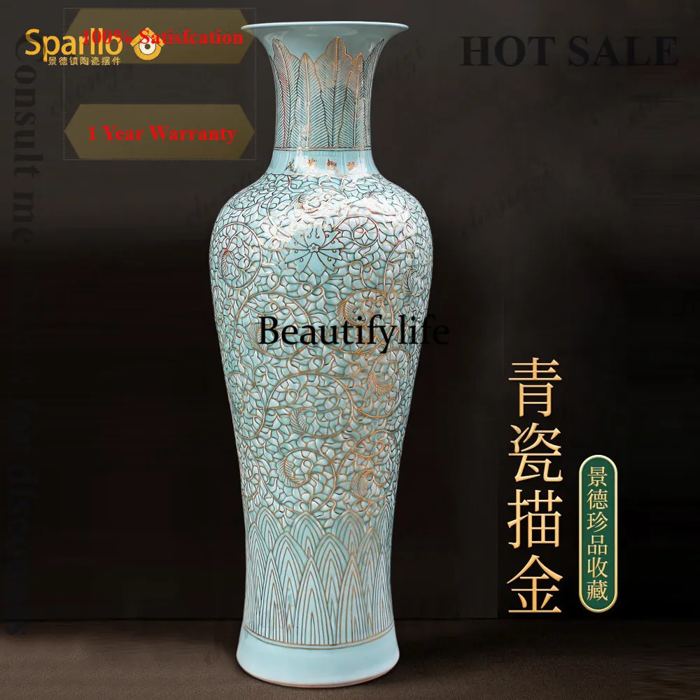 B567 Jingdezhen ceramic floor-to-ceiling vase Chinese hand-painted gold peony living room light luxury