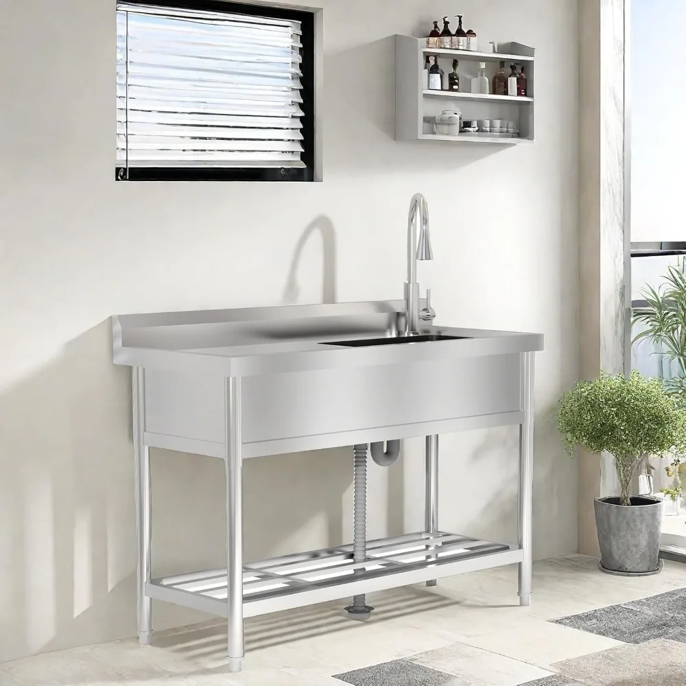 

Отдельно стоящая кухонная мойка с трубой для холодной и горячей воды, коммерческая мойка из нержавеющей стали с 360° ° Поворотный смеситель и кронштейны,