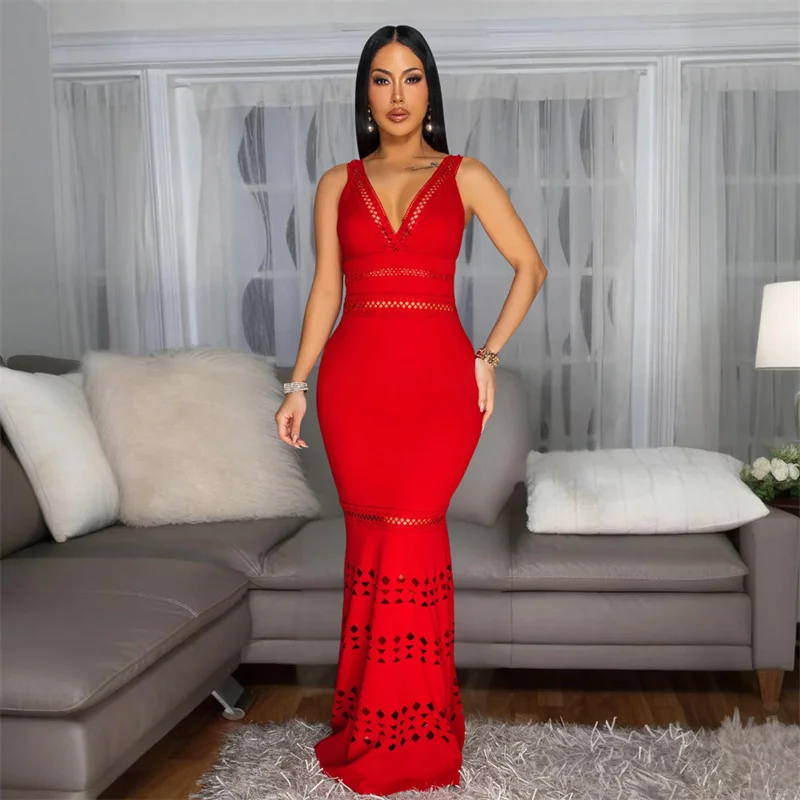 

Women 2025 Summer V Neck Sleeveless Bodycon Elegant Long Party Dress Hollow Out Hole Sexy Night Club Tank Dress Black White Red