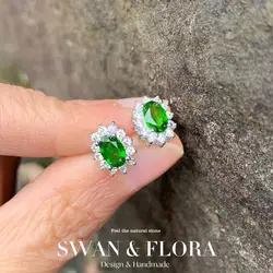 Genuine Natural Diopside 925 Sterling Silver Stud Earrings for women Jewelry Gift 1.4ct Ocean Blue Topaz Oval Pave CZ