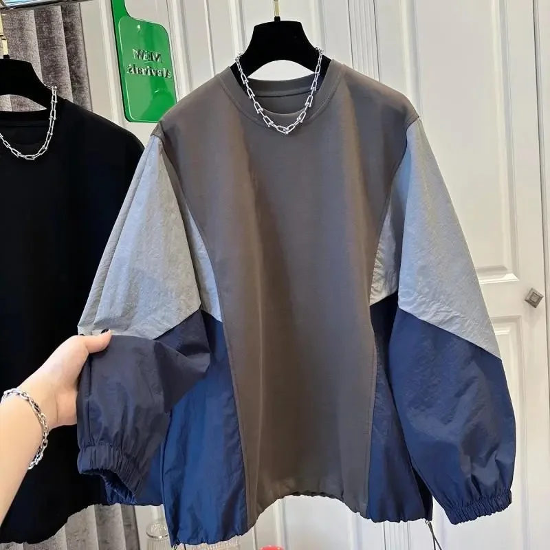 300 Pounds High-end Splicing Color Blocking Long Sleeved Loose Sweatshirt Women With A fat And Sporty Style And Anti-aging Top