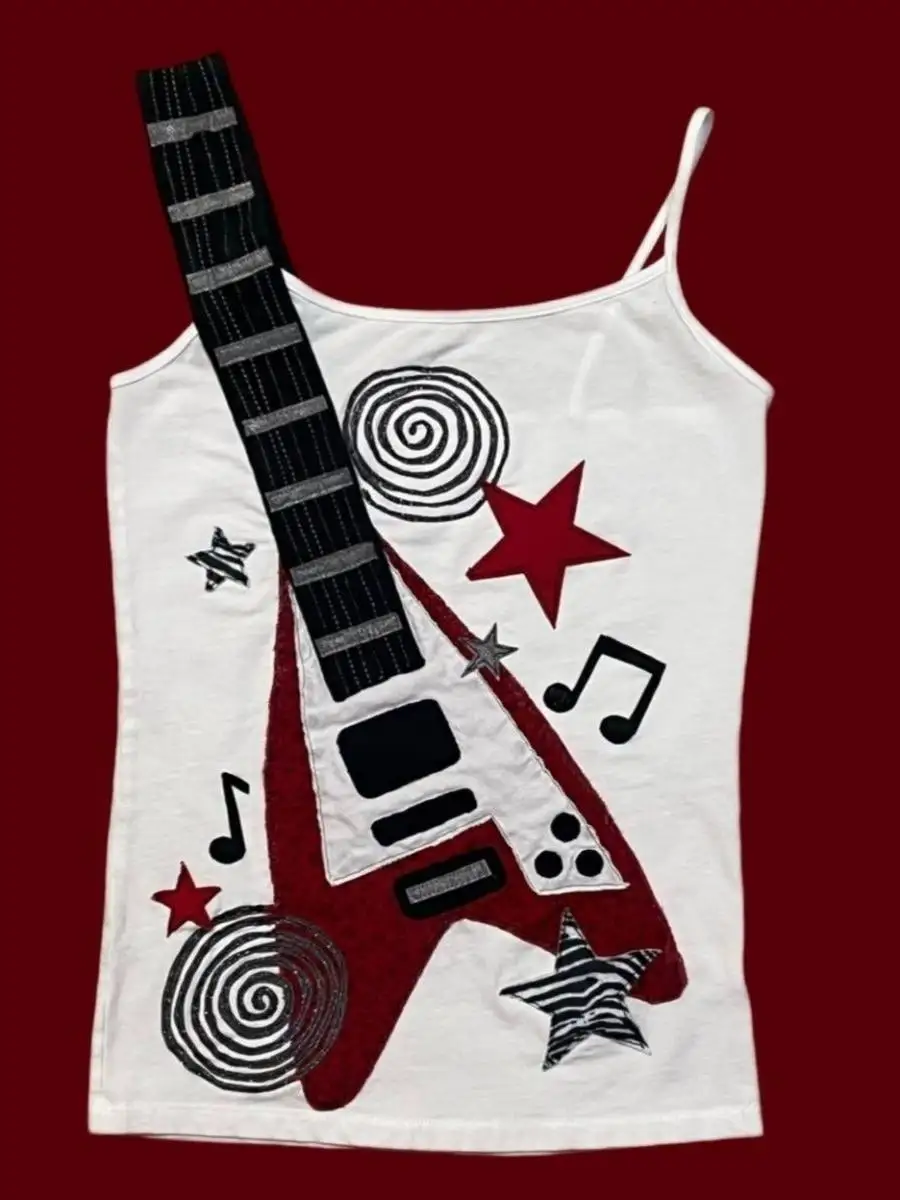 Women Y2K Gyaru White Tank Top Subculture Cropped Top Punk Rock Visual Kei Shibuya Harajuku Vintage Gothic Guitar Print Cami Top