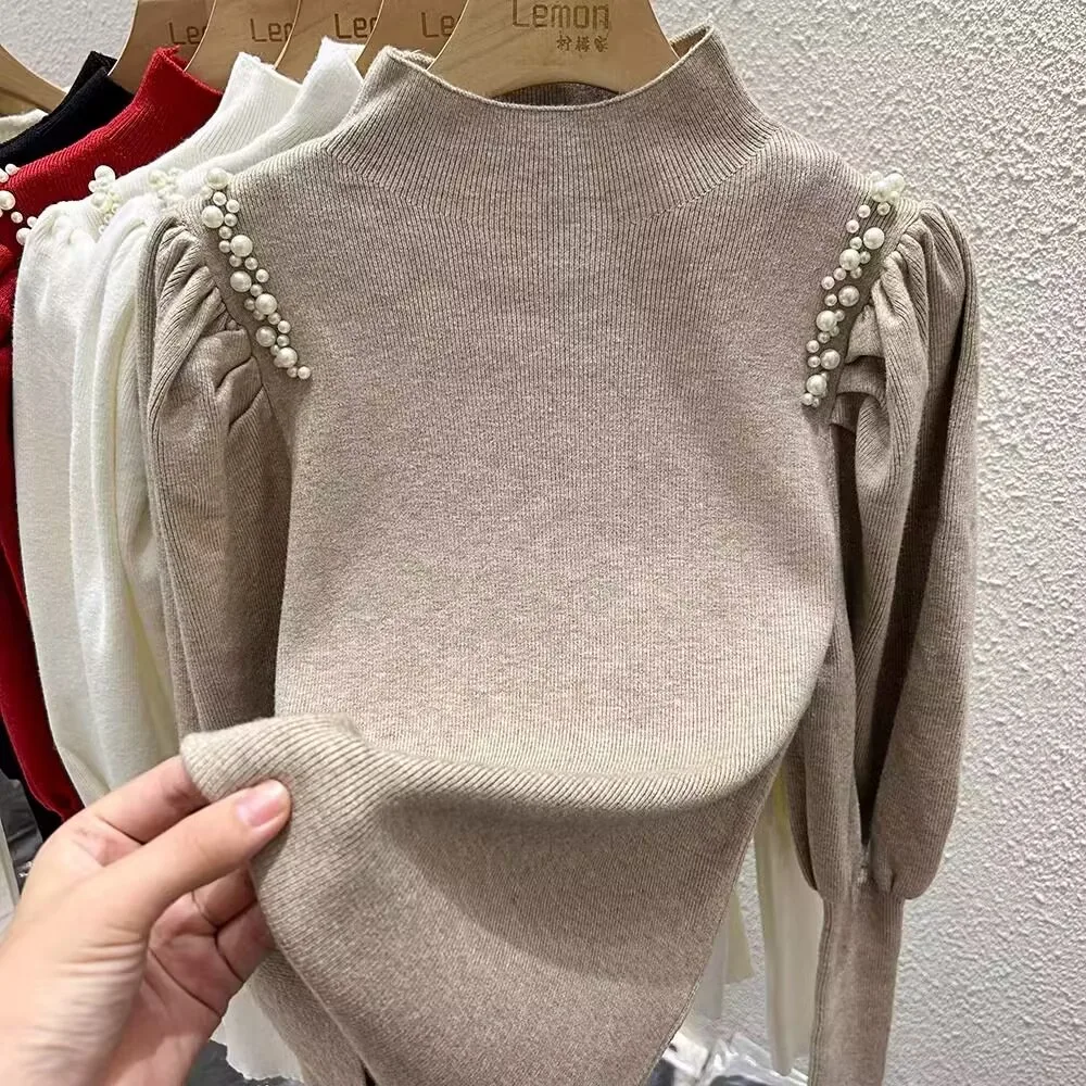 Beading Puff Sleeve Knit Sweater New Women Autumn Winter Mock Neck Base Shirt Femme All-match Warm Sweater Korean Tops 2024