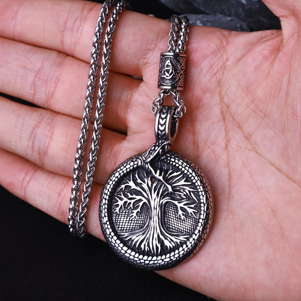 Nordic Yggdrasil Viking Tree of Life Pendant Necklace Stainless Steel Viking Ourobles Necklace Men Vintage Fashion Charm Jewelry