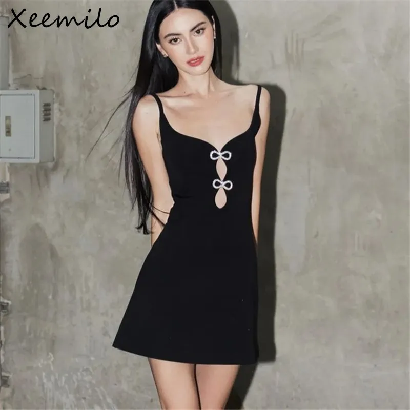 

Xeemilo Sexy V-neck Hollowed Mini Dress Aesthetic Bows Decoration Sleeveless Dresses Summer Black Elegant Party Evening Vestidos